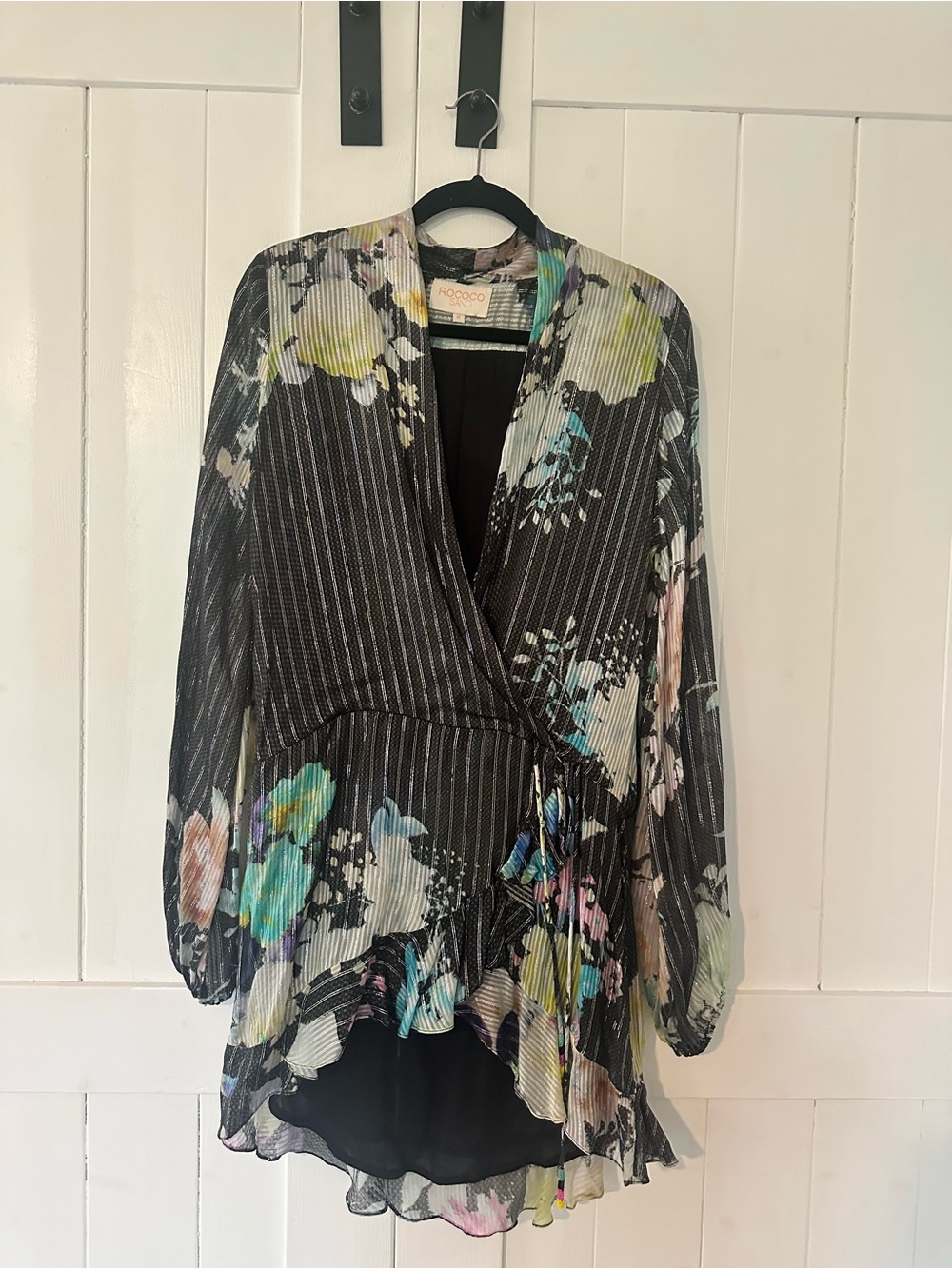 Rococo Sand Black Floral Wrap Blouse with Pastel Accents